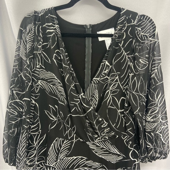 Joseph Ribkoff Surplice Wrap Midi Dress Black and White Palm Tropical Print 10 - Picture 4 of 13